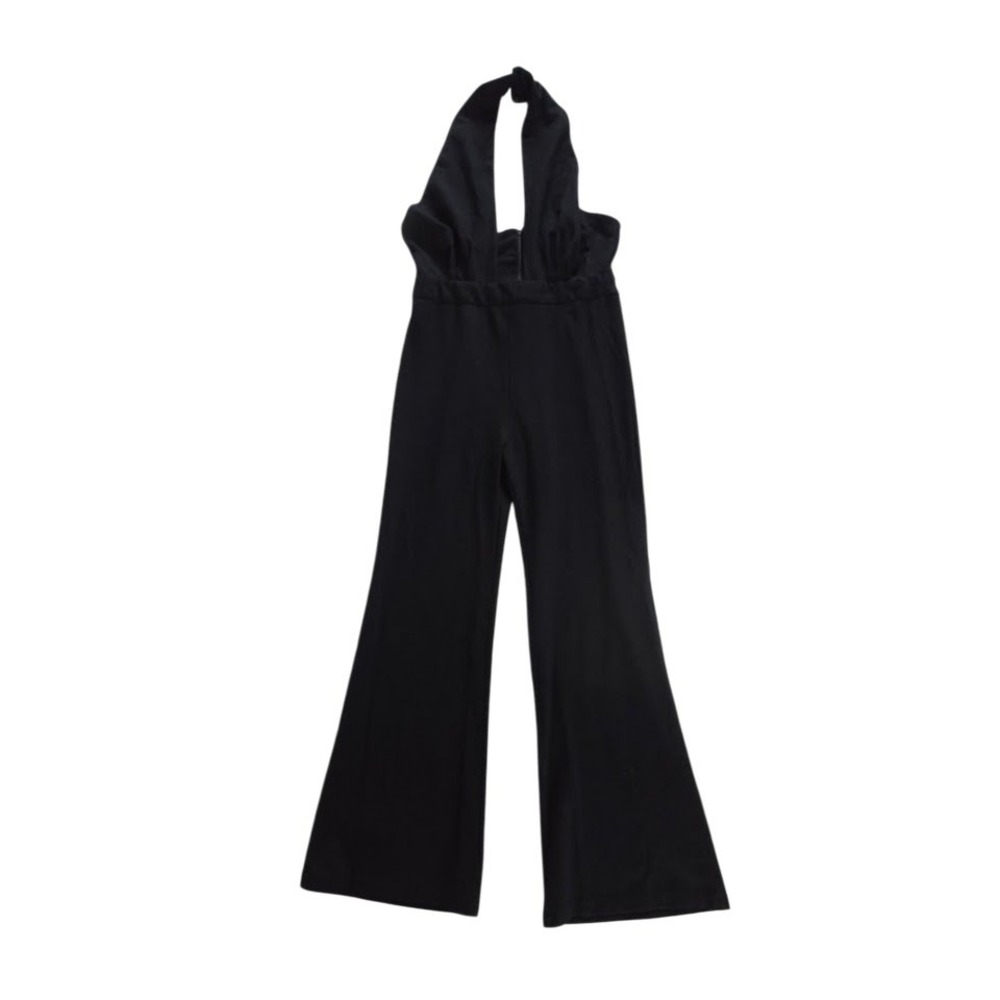 Sexy Black Halter Jumpsuit L Deep V-Neck Flare Leg Open Back Small Disco Glam